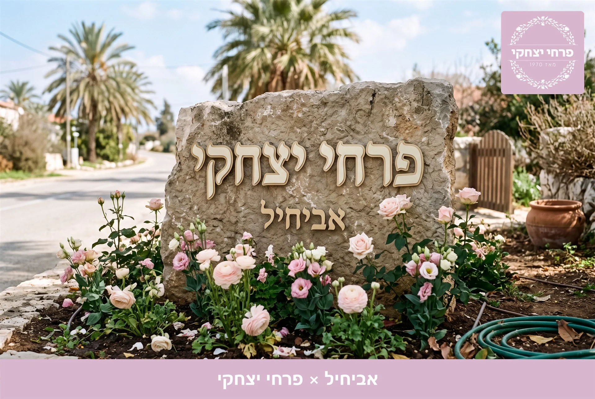 משלוחי פרחים אביחיל - שלט האבן של פרחי יצחקי בכניסה, מוקף נוריות, ורדים וליזיאנטוס בגוני ורוד - פרחי יצחקי