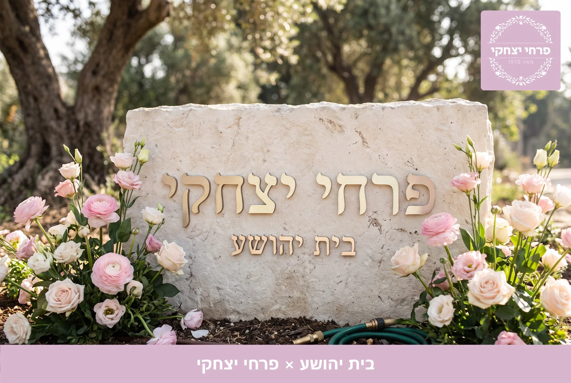 משלוחי פרחים בית יהושע - שלט האבן של פרחי יצחקי בכניסה, מוקף נוריות, ורדים וליזיאנטוס בגוני ורוד - פרחי יצחקי