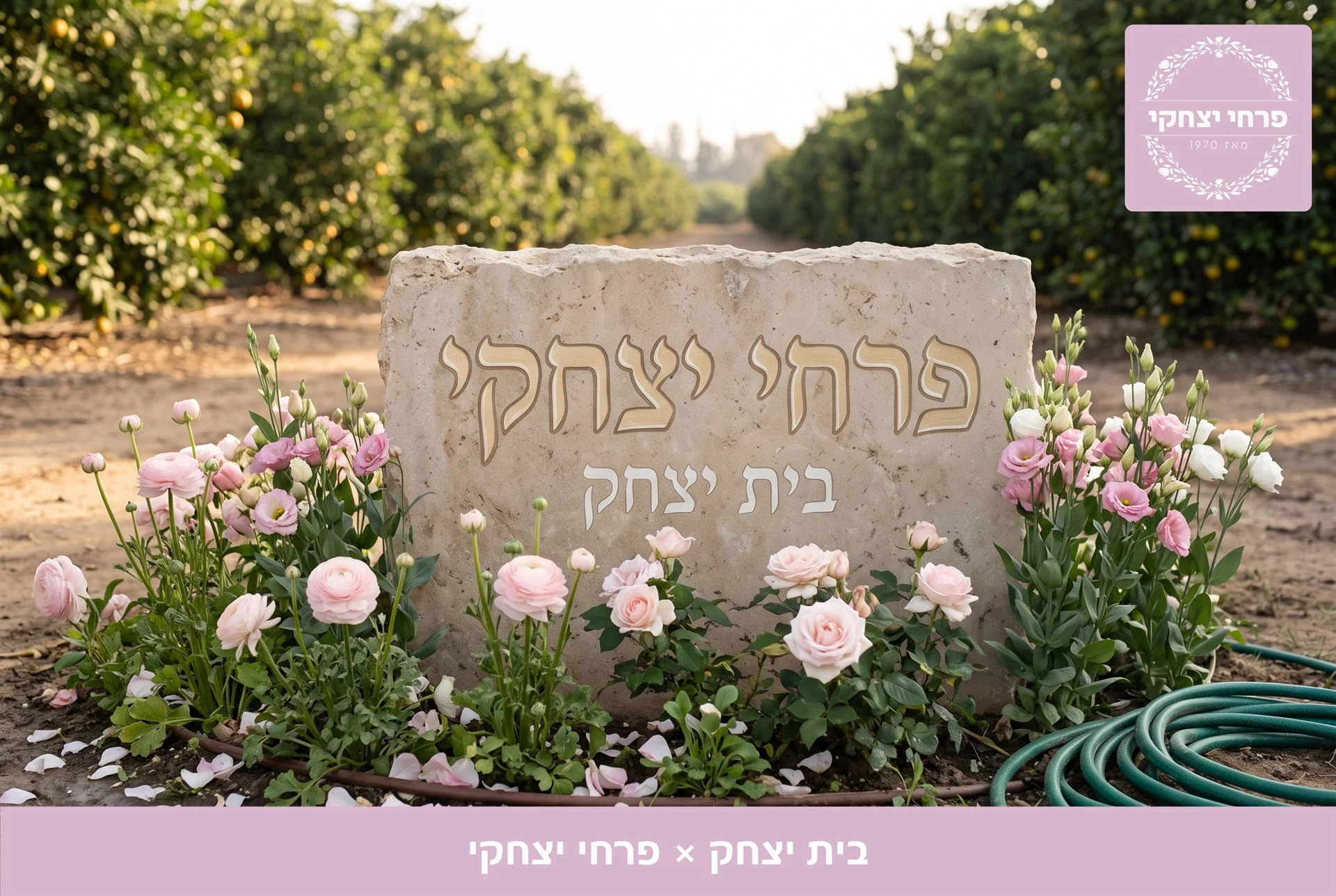 משלוחי פרחים בית יצחק - שלט האבן של פרחי יצחקי בכניסה, מוקף נוריות, ורדים וליזיאנטוס בגוני ורוד - פרחי יצחקי
