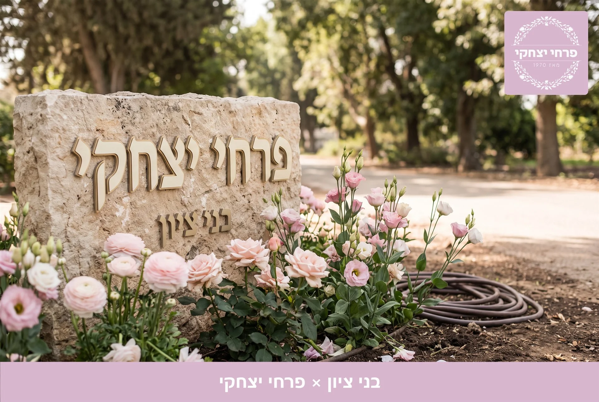 משלוחי פרחים בני ציון - שלט האבן של פרחי יצחקי בכניסה, מוקף נוריות, ורדים וליזיאנטוס בגוני ורוד - פרחי יצחקי