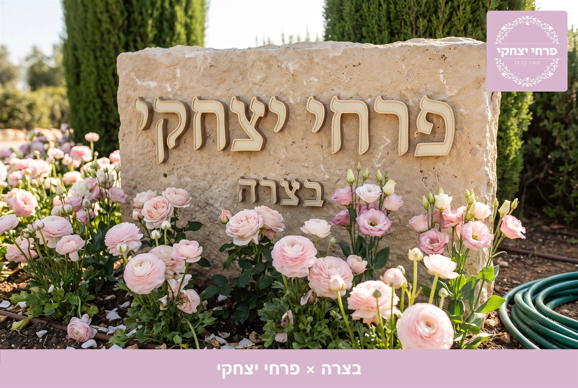 משלוחי פרחים בצרה - שלט האבן של פרחי יצחקי בכניסה, מוקף נוריות, ורדים וליזיאנטוס בגוני ורוד - פרחי יצחקי