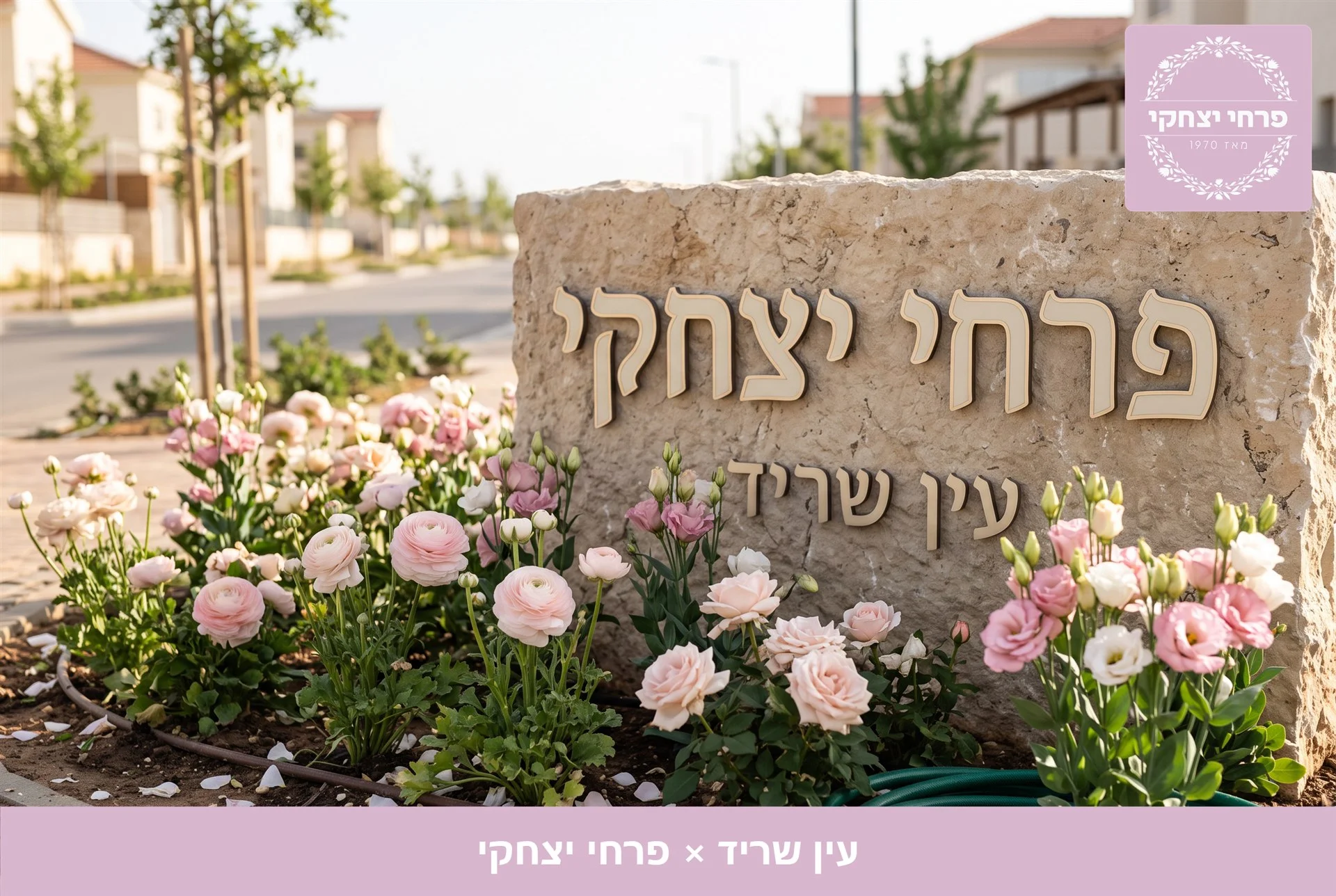 משלוחי פרחים עין שריד - שלט האבן של פרחי יצחקי בכניסה, מוקף נוריות, ורדים וליזיאנטוס בגוני ורוד - פרחי יצחקי