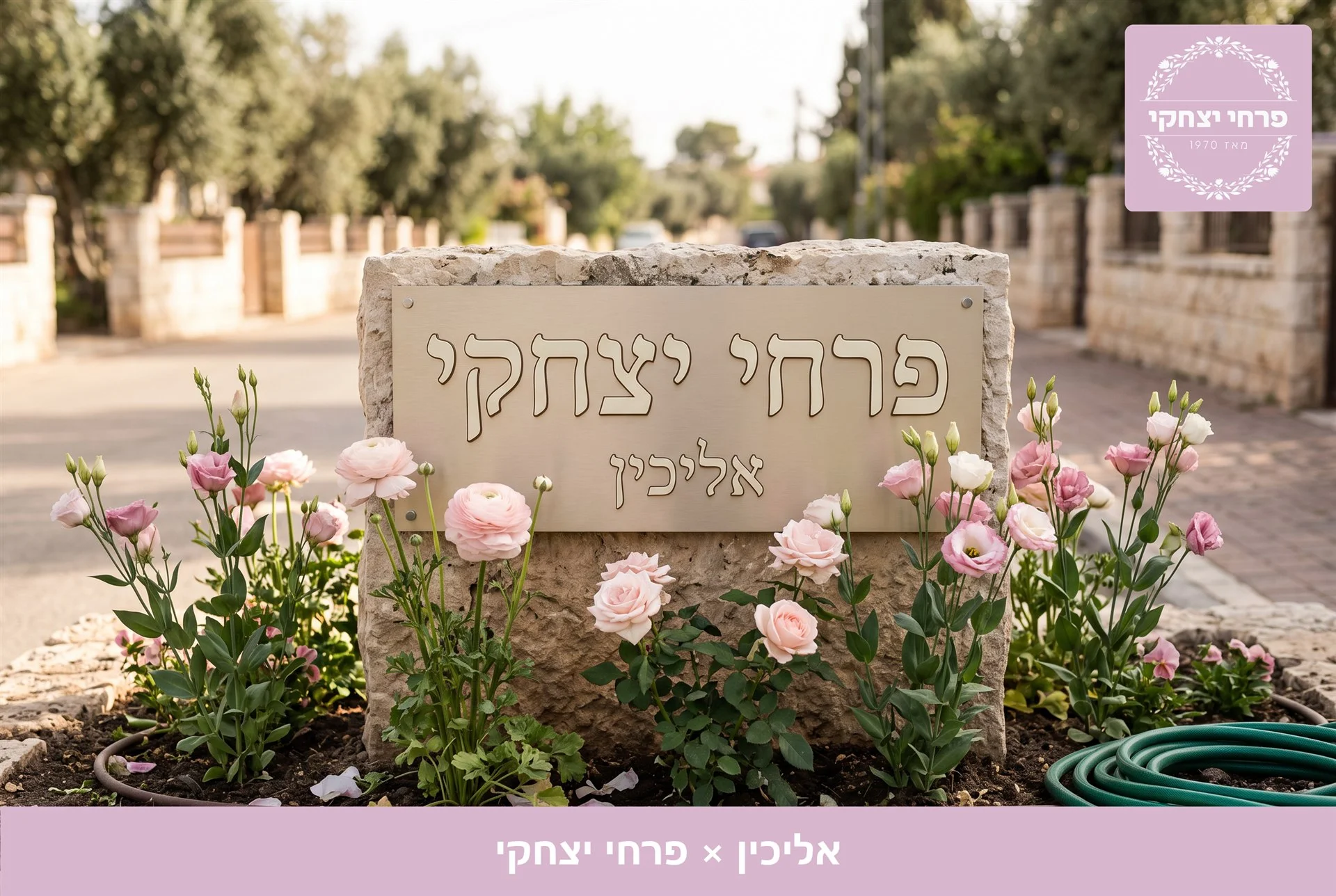 משלוחי פרחים אליכין - שלט האבן של פרחי יצחקי בכניסה, מוקף נוריות, ורדים וליזיאנטוס בגוני ורוד - פרחי יצחקי