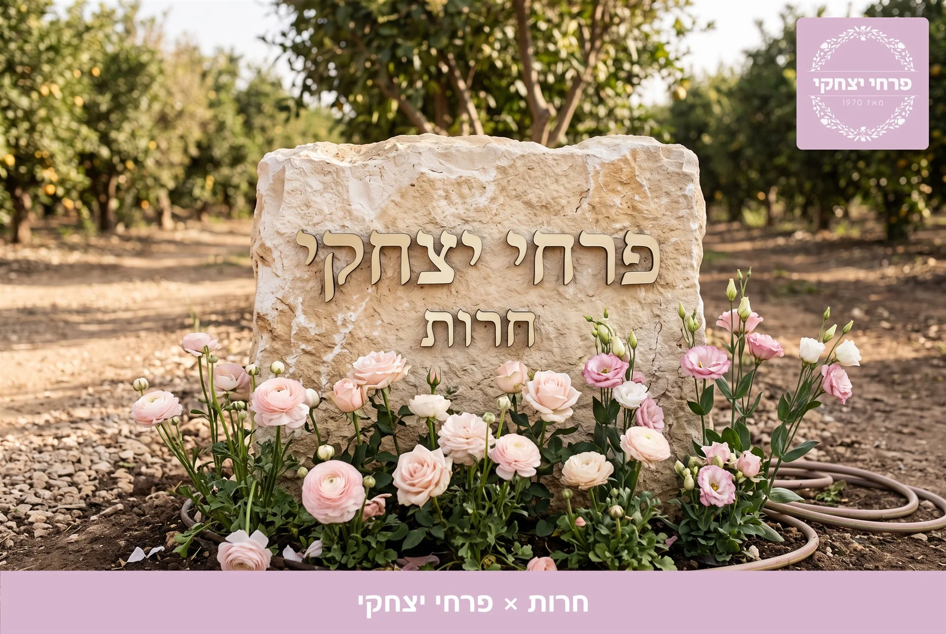 משלוחי פרחים חרות - שלט האבן של פרחי יצחקי בכניסה, מוקף נוריות, ורדים וליזיאנטוס בגוני ורוד - פרחי יצחקי