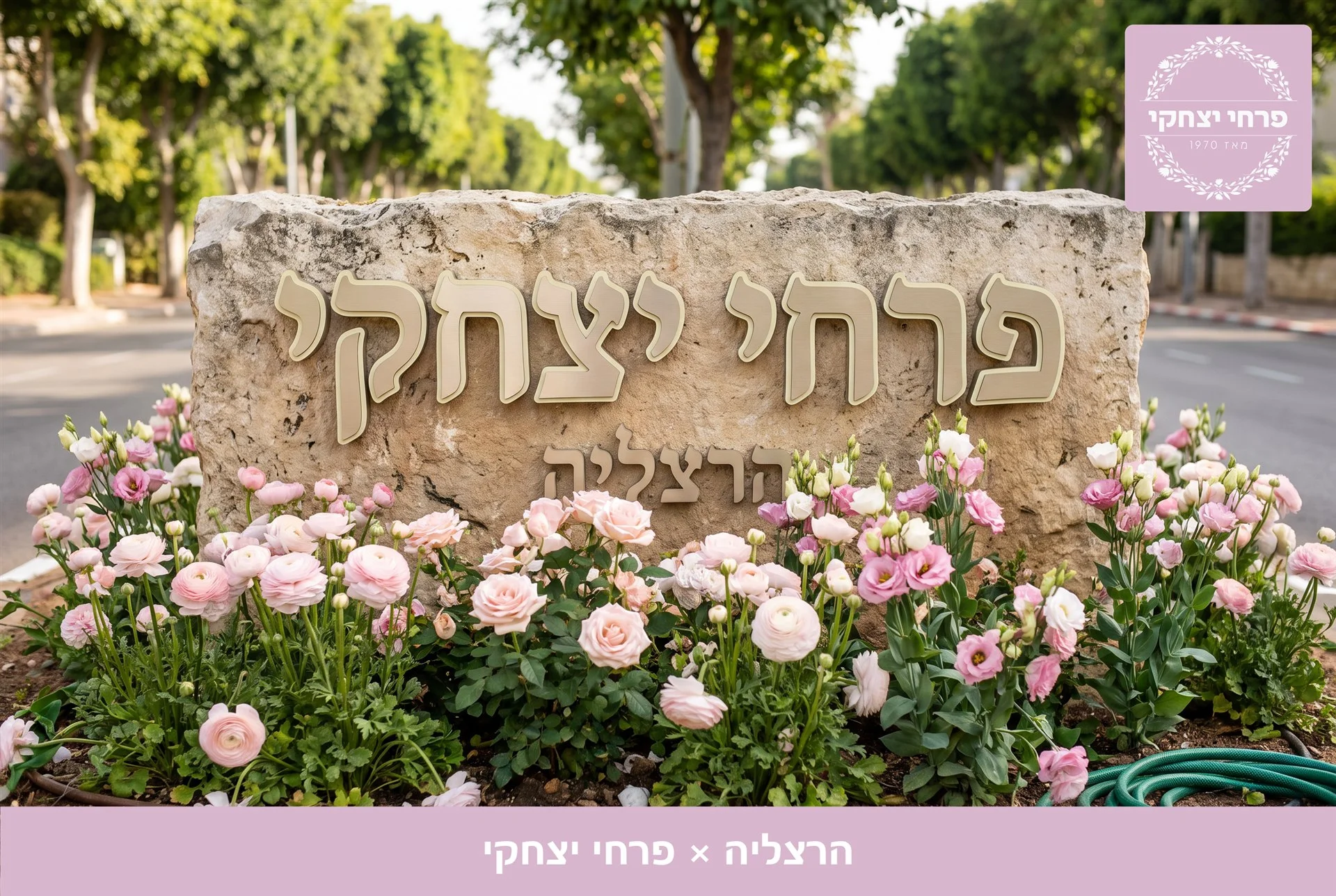 משלוחי פרחים הרצליה - שלט האבן של פרחי יצחקי בכניסה, מוקף נוריות, ורדים וליזיאנטוס בגוני ורוד - פרחי יצחקי
