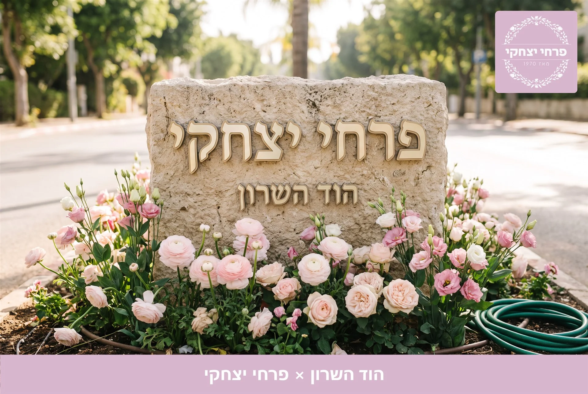 משלוחי פרחים הוד השרון - שלט האבן של פרחי יצחקי בכניסה, מוקף נוריות, ורדים וליזיאנטוס בגוני ורוד - פרחי יצחקי
