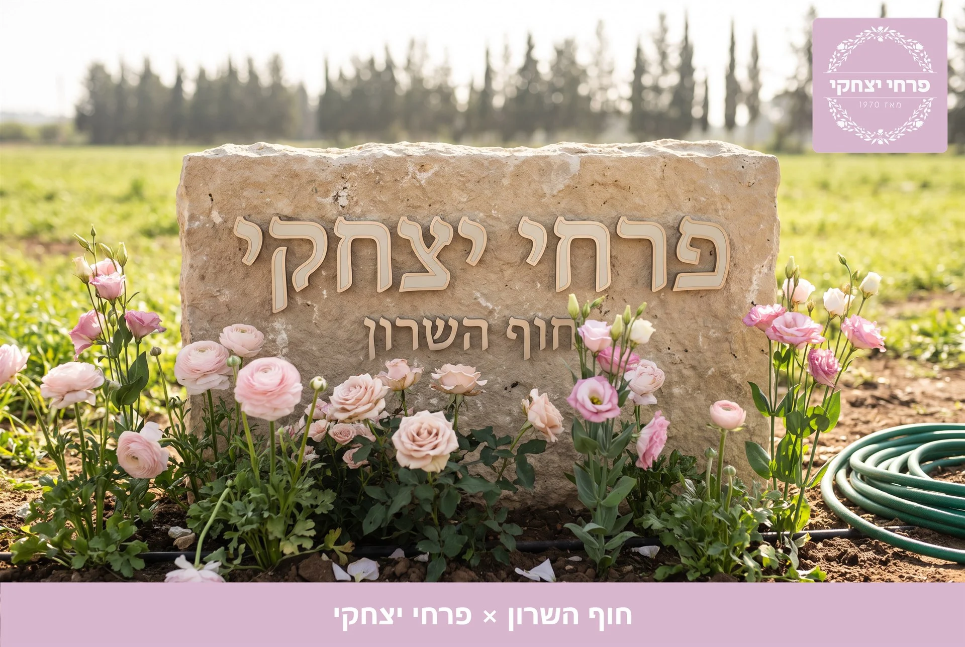 משלוחי פרחים חוף השרון - שלט האבן של פרחי יצחקי בכניסה, מוקף נוריות, ורדים וליזיאנטוס בגוני ורוד - פרחי יצחקי