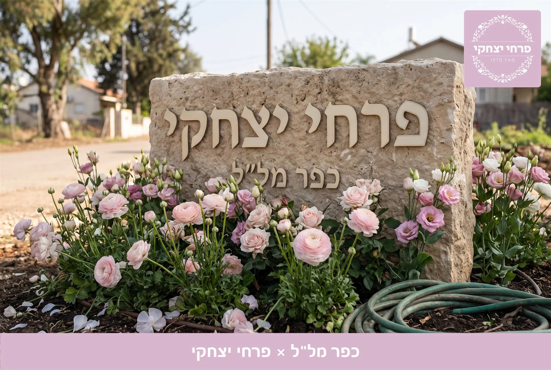 משלוחי פרחים כפר מל"ל - שלט האבן של פרחי יצחקי בכניסה, מוקף נוריות, ורדים וליזיאנטוס בגוני ורוד - פרחי יצחקי