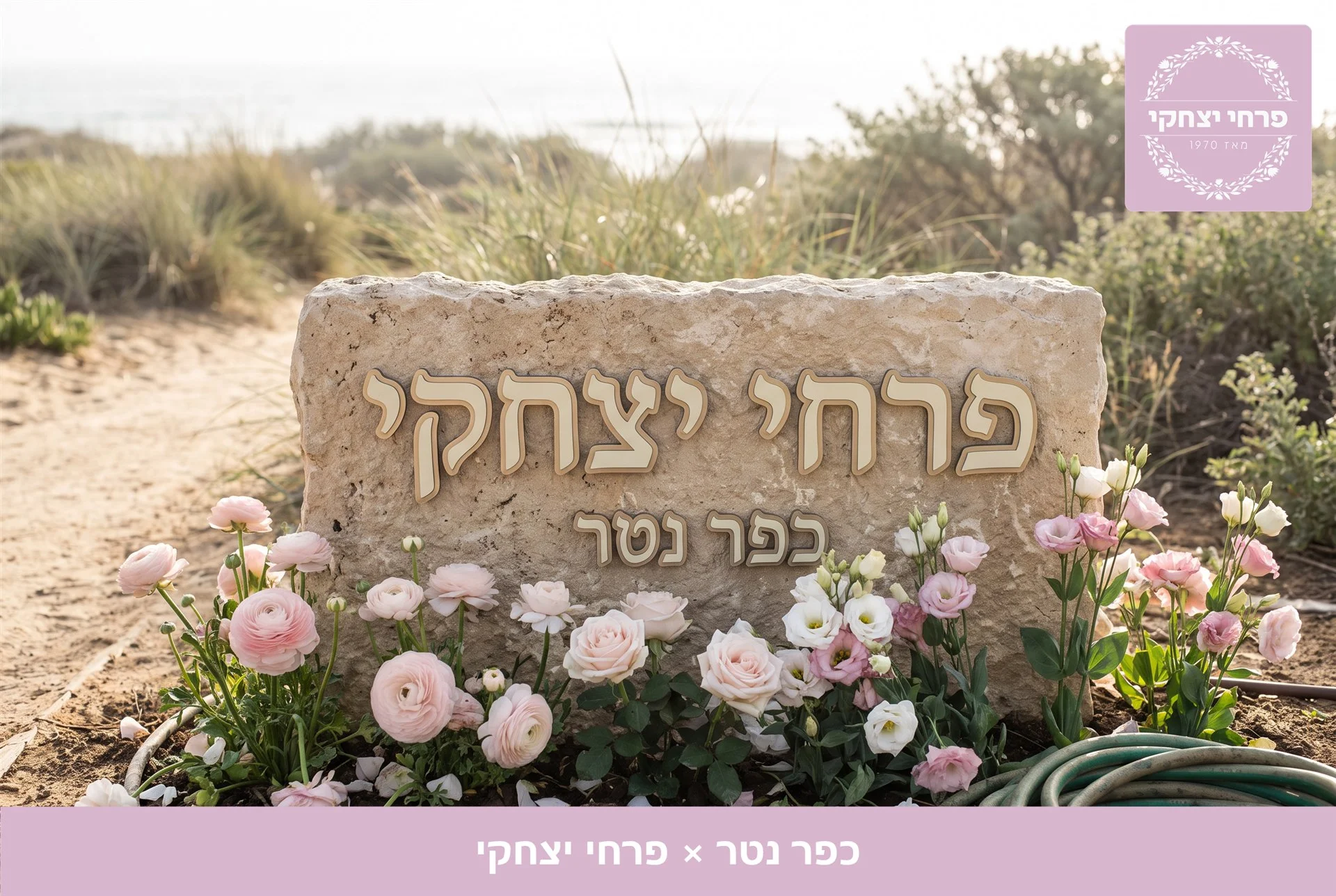 משלוחי פרחים כפר נטר - שלט האבן של פרחי יצחקי בכניסה, מוקף נוריות, ורדים וליזיאנטוס בגוני ורוד - פרחי יצחקי