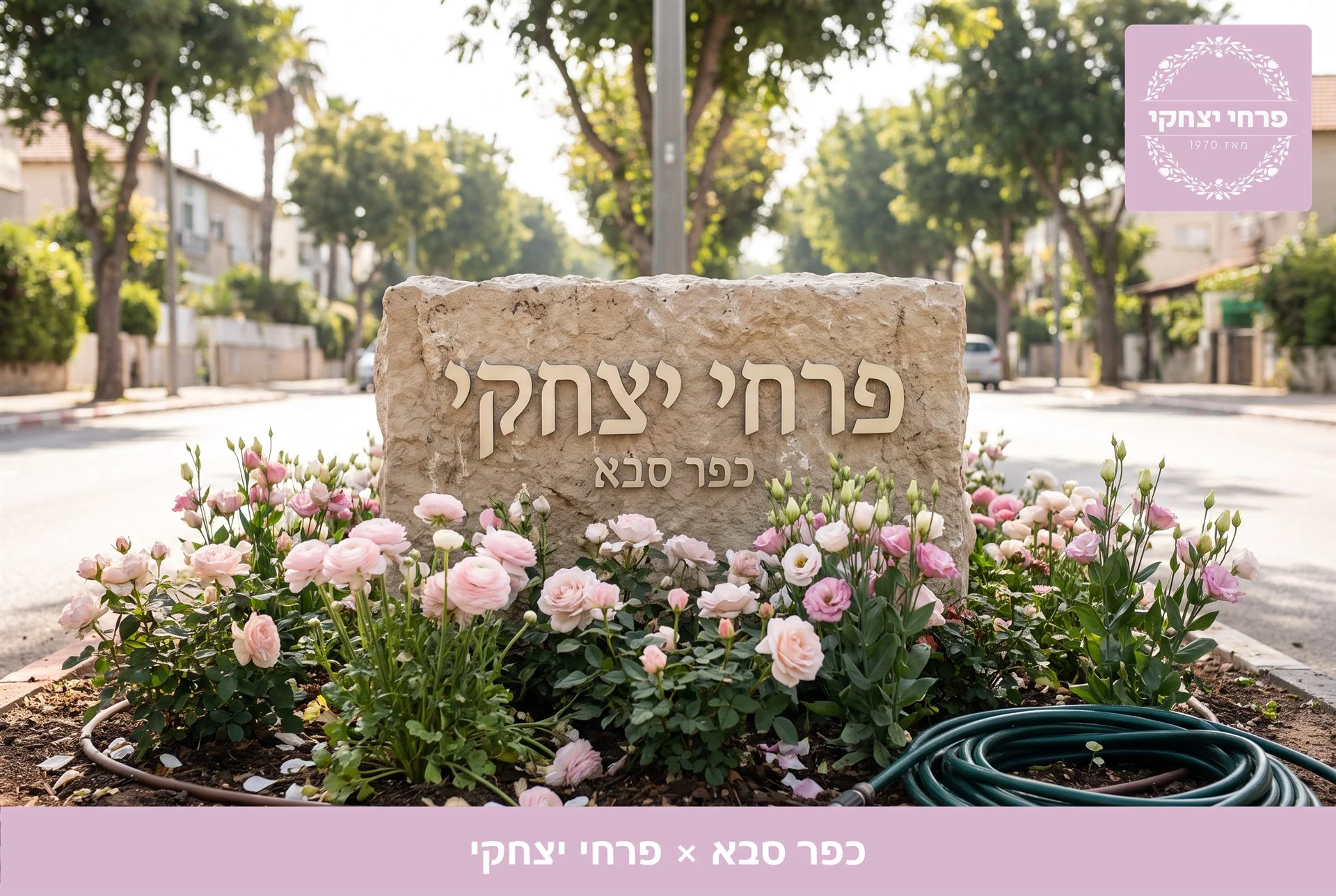 משלוחי פרחים כפר סבא - שלט האבן של פרחי יצחקי בכניסה, מוקף נוריות, ורדים וליזיאנטוס בגוני ורוד - פרחי יצחקי