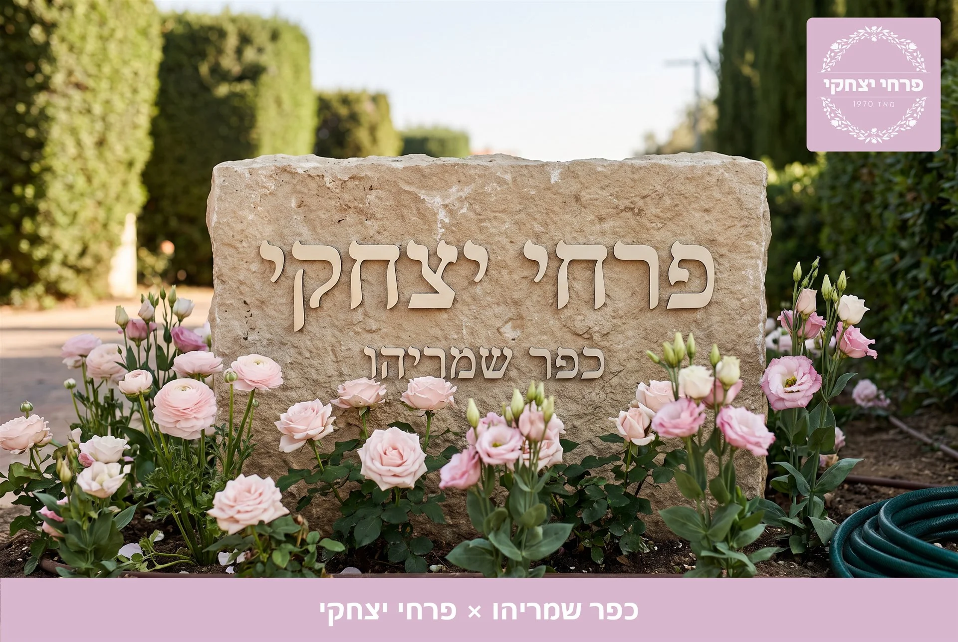 משלוחי פרחים כפר שמריהו - שלט האבן של פרחי יצחקי בכניסה, מוקף נוריות, ורדים וליזיאנטוס בגוני ורוד - פרחי יצחקי