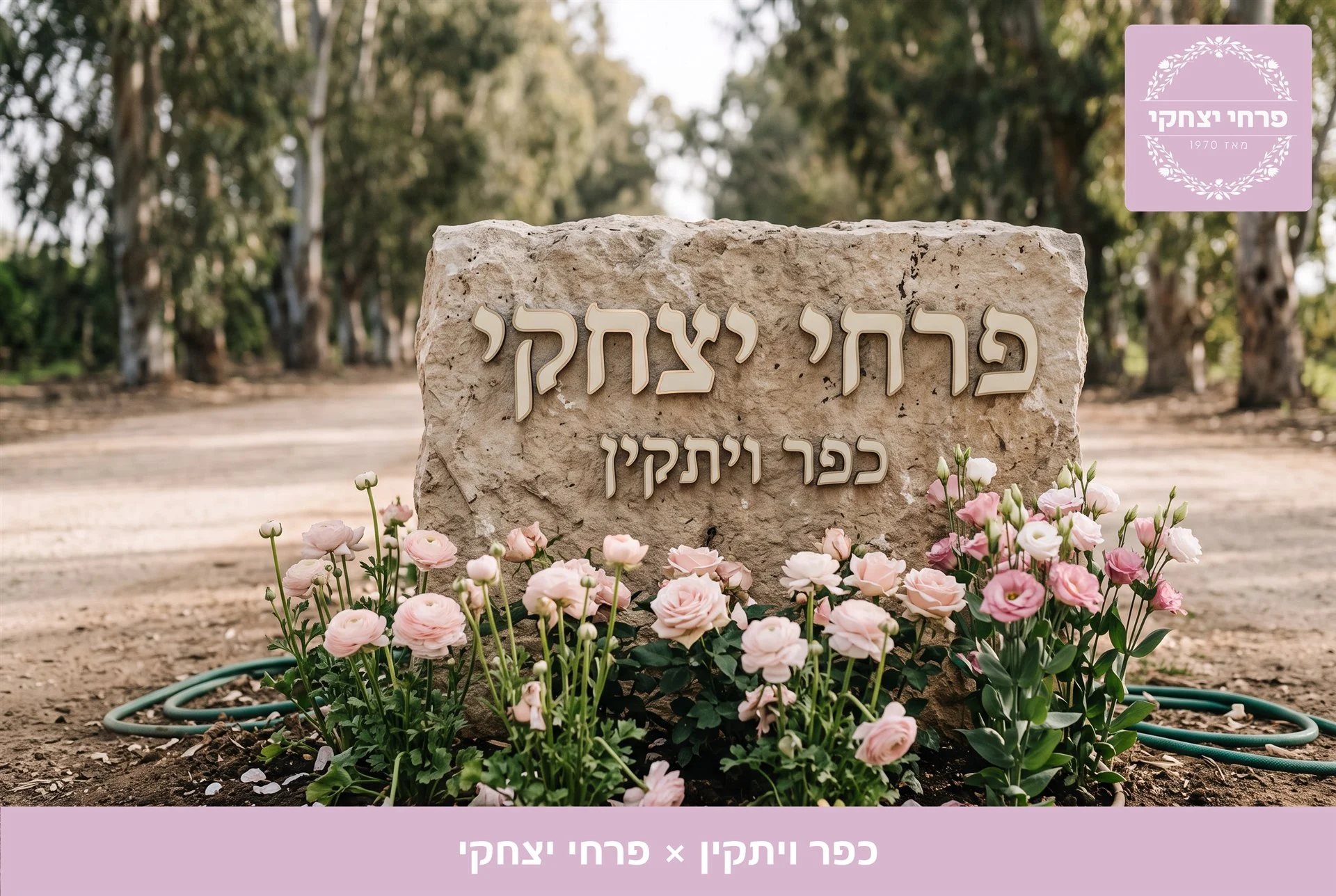 משלוחי פרחים כפר ויתקין - שלט האבן של פרחי יצחקי בכניסה, מוקף נוריות, ורדים וליזיאנטוס בגוני ורוד - פרחי יצחקי