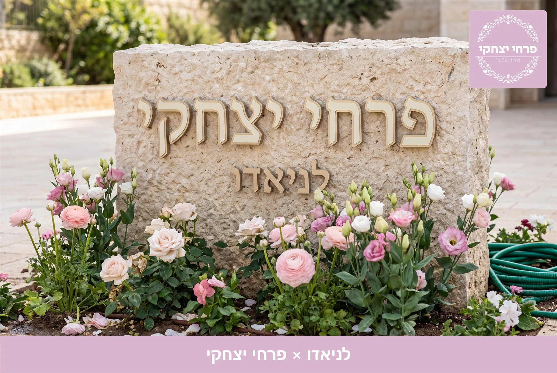 משלוח פרחים לניאדו - שלט האבן של פרחי יצחקי בכניסה, מוקף נוריות, ורדים וליזיאנטוס בגוני ורוד - פרחי יצחקי