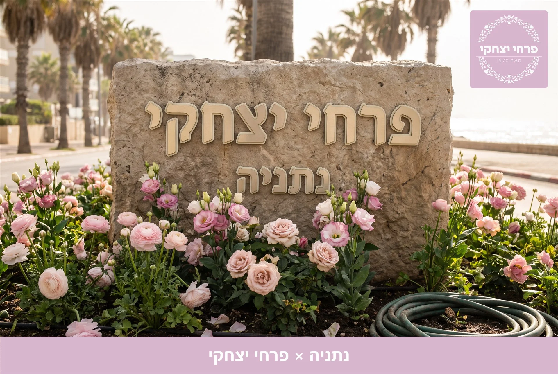 משלוחי פרחים נתניה - שלט האבן של פרחי יצחקי בכניסה, מוקף נוריות, ורדים וליזיאנטוס בגוני ורוד - פרחי יצחקי