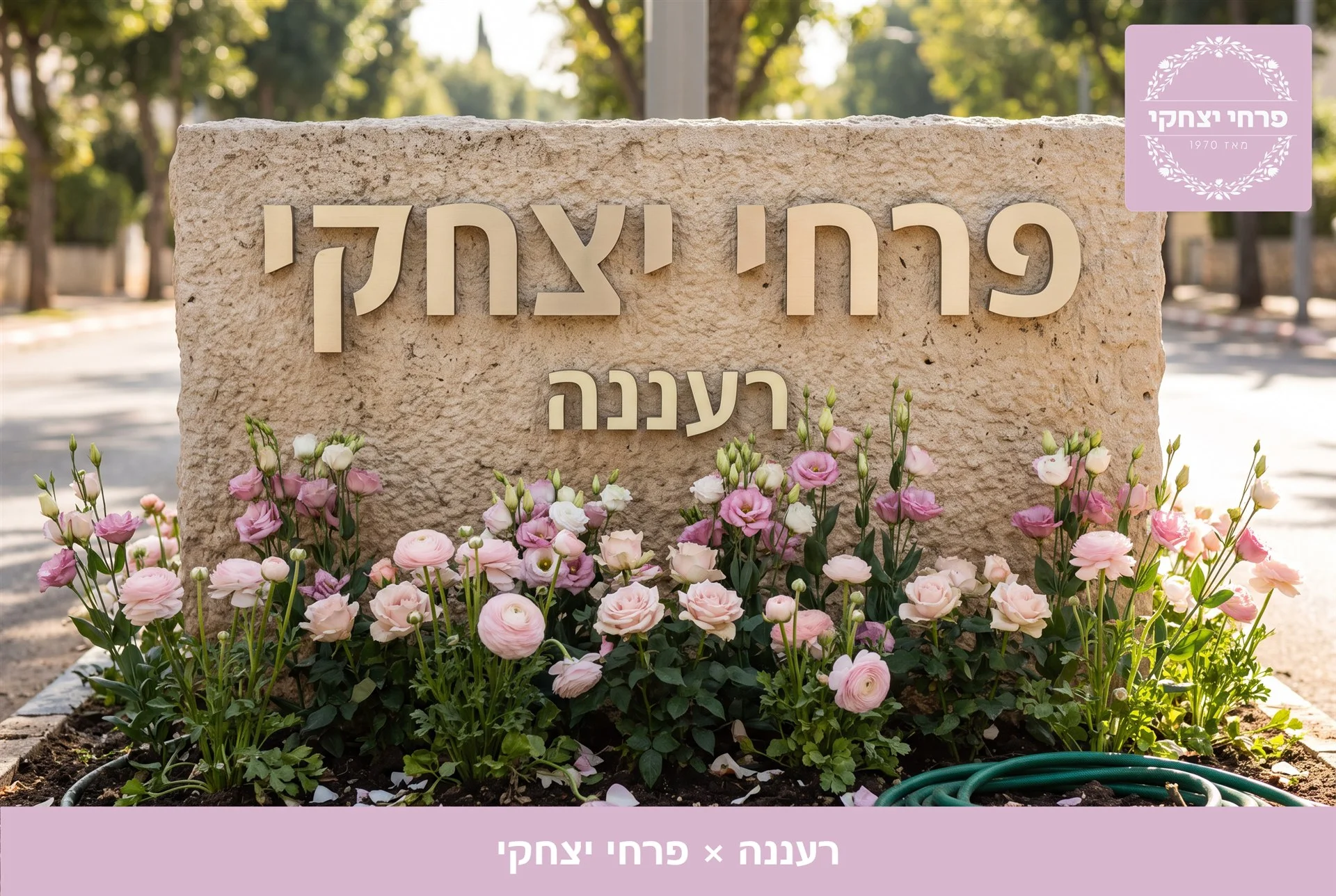 משלוחי פרחים רעננה - שלט האבן של פרחי יצחקי בכניסה, מוקף נוריות, ורדים וליזיאנטוס בגוני ורוד - פרחי יצחקי
