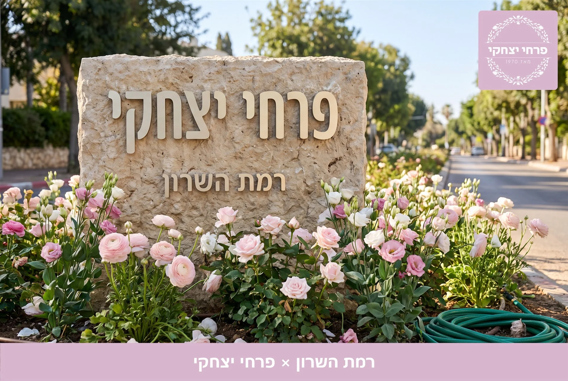 משלוחי פרחים רמת השרון - שלט האבן של פרחי יצחקי בכניסה, מוקף נוריות, ורדים וליזיאנטוס בגוני ורוד - פרחי יצחקי