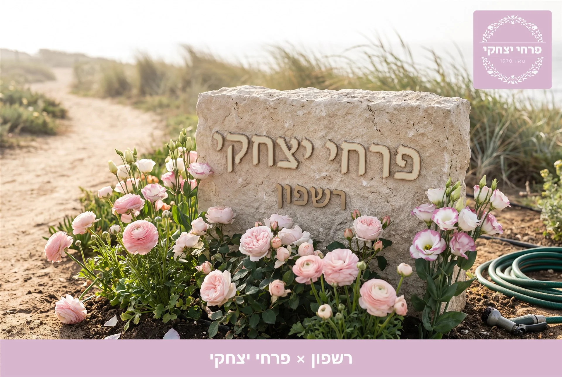 משלוחי פרחים רשפון - שלט האבן של פרחי יצחקי בכניסה, מוקף נוריות, ורדים וליזיאנטוס בגוני ורוד - פרחי יצחקי