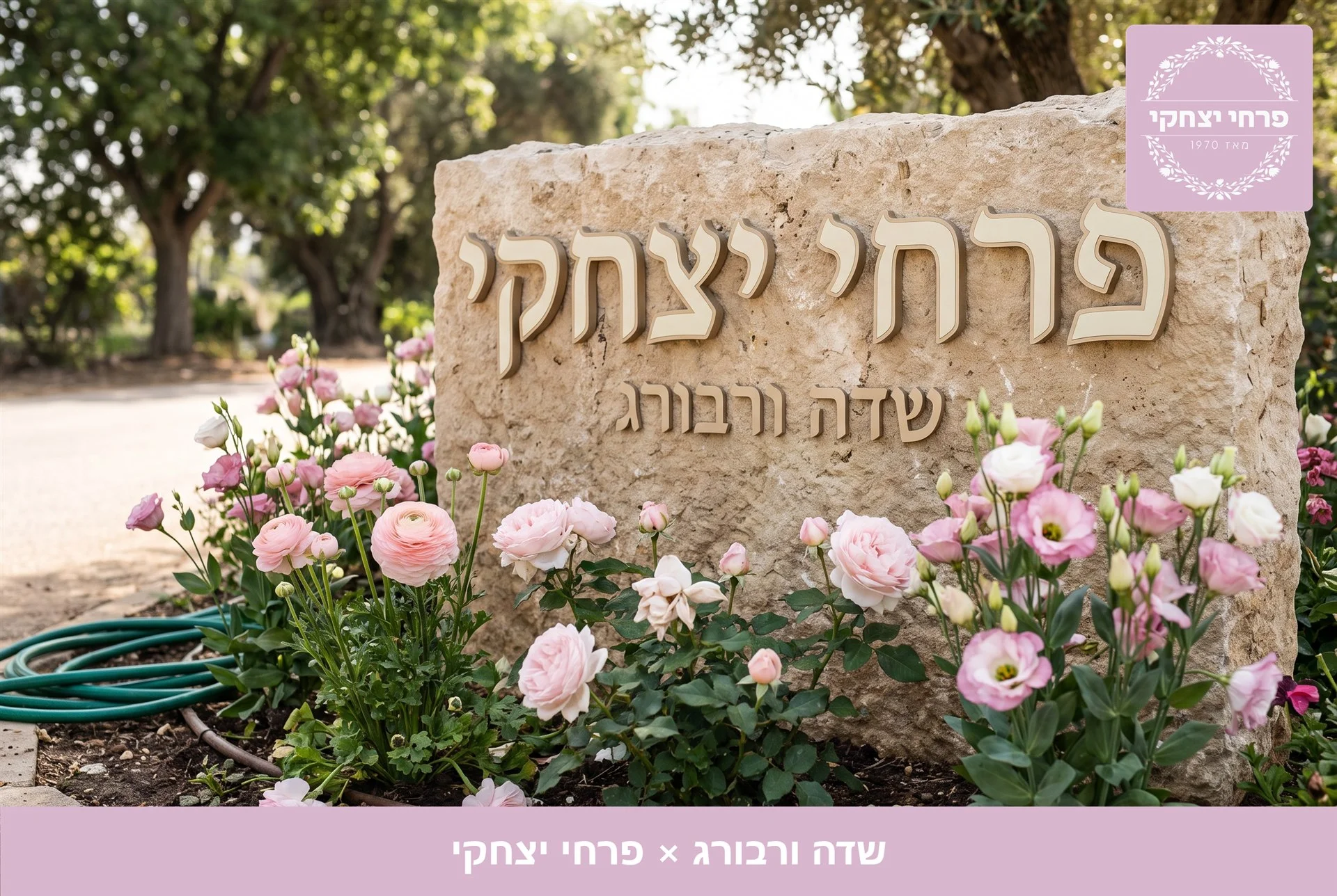 משלוחי פרחים שדה ורבורג - שלט האבן של פרחי יצחקי בכניסה, מוקף נוריות, ורדים וליזיאנטוס בגוני ורוד - פרחי יצחקי