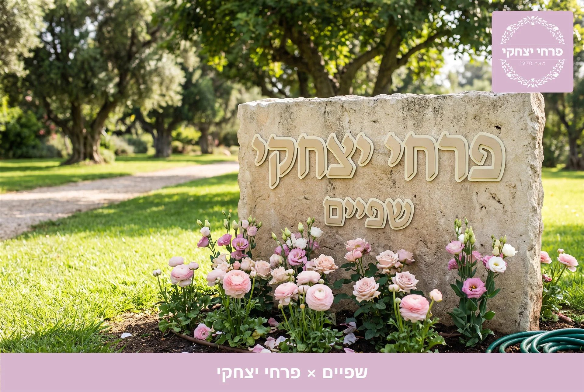 משלוחי פרחים שפיים - שלט האבן של פרחי יצחקי בכניסה, מוקף נוריות, ורדים וליזיאנטוס בגוני ורוד - פרחי יצחקי