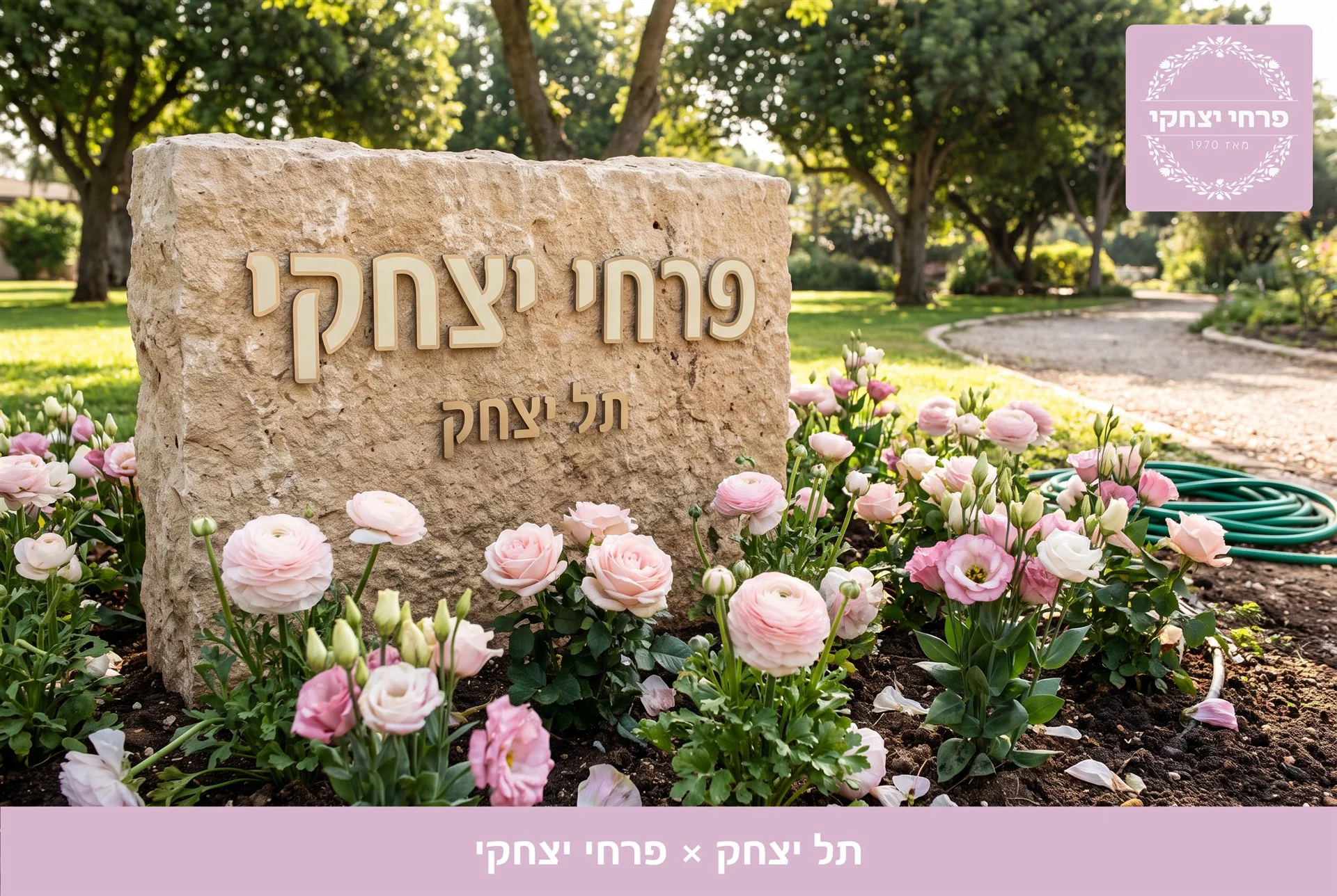 משלוחי פרחים תל יצחק - שלט האבן של פרחי יצחקי בכניסה, מוקף נוריות, ורדים וליזיאנטוס בגוני ורוד - פרחי יצחקי