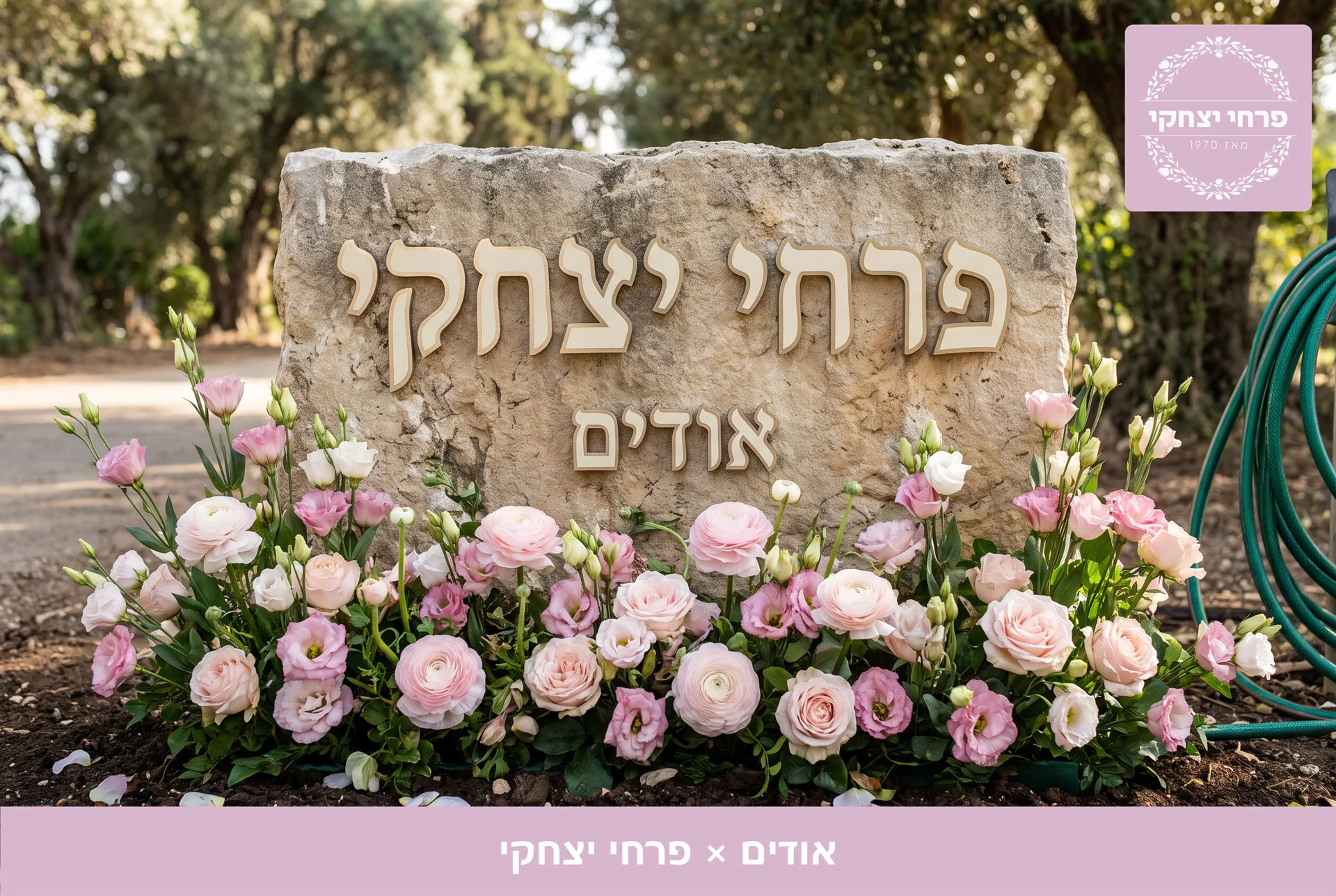משלוחי פרחים אודים - שלט האבן של פרחי יצחקי בכניסה, מוקף נוריות, ורדים וליזיאנטוס בגוני ורוד - פרחי יצחקי
